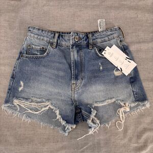 ZARA Curved High‎ Waisted Denim Shorts Blue Cotton Jean Shorts Women’s 4